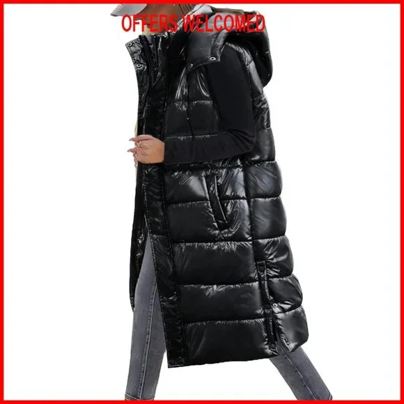 Women's Long Puffer Vest Sleeveless Jacket Zip Up Hooded Quilted - Picture 1 of 8